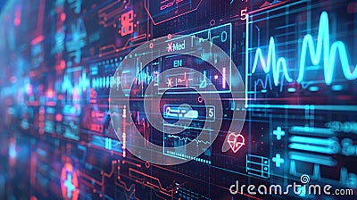 Advanced healthcare dashboard displaying real-time AI-driven insights and glowing code symbols for providers in a Stock Photo