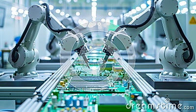Advanced High Precision Robot Arms on Fully Automated PCB Assembly Line Inside Modern Stock Photo