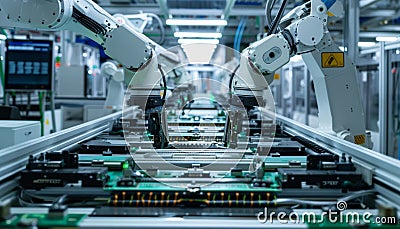 Advanced High Precision Robot Arms on Fully Automated PCB Assembly Line Inside Modern Stock Photo