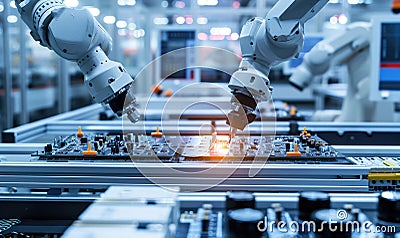 Advanced High Precision Robot Arms on Fully Automated PCB Assembly Line Inside Modern Electronics Factory. Electronic Devices Stock Photo