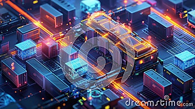 An advanced high-tech industrial zone concept with illuminated structures and circuits, depicting a networked and automated urban Stock Photo