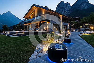 An advanced home security setup featuring laser detection systems around the perimeter, with AI monitoring any disturbances and Stock Photo