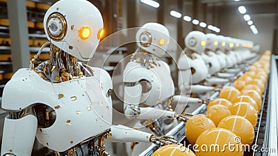 Advanced humanoid robots working on assembly line in high-tech factory Stock Photo