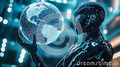 An advanced A.I. robot holds a glowing digital globe. Generative Ai Stock Photo