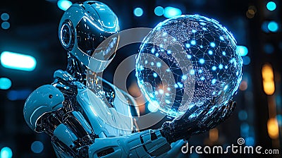 An advanced A.I. robot holds a glowing digital globe. Generative Ai Stock Photo
