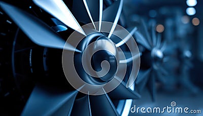Advanced jet engine detailed close up. Propulsion tech team examining dynamic turbine. Jet engine components displayed for Stock Photo