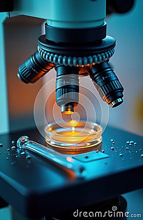 Advanced lab tech close-up. Microscope examines vibrant liquid droplets in sample. Precision measurement of lab substrate. Stock Photo