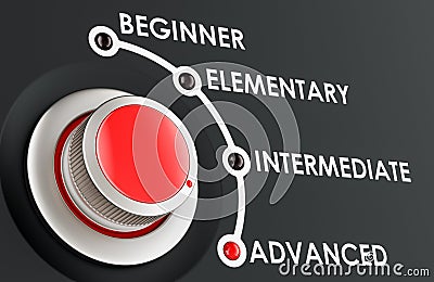 Advanced level, learning and improvement language concept with scale knob. 3D rendering Stock Photo