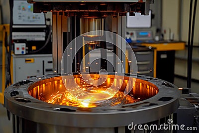 Advanced machining process showcasing sparks and precision engineering in action. Generative AI Stock Photo