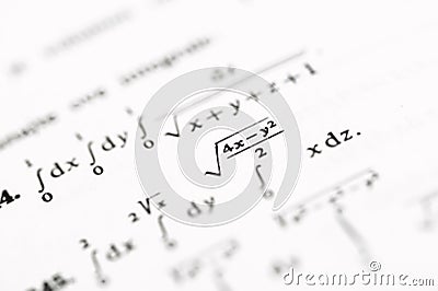 Advanced Mathematical Integrals and Formulas Highlighting Calculus, Multivariable Equations, and Geometry Concepts Stock Photo