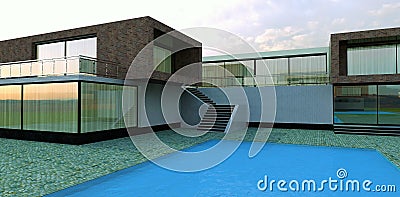 Advanced modern high-tech style villa with a blue pool. Cloudy sky. 3d render. Stock Photo