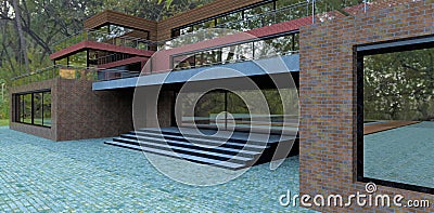 Advanced modern house in a dense forest. Finishing the facade of the old red brick. Finishing the porch visor is concrete. 3d Stock Photo