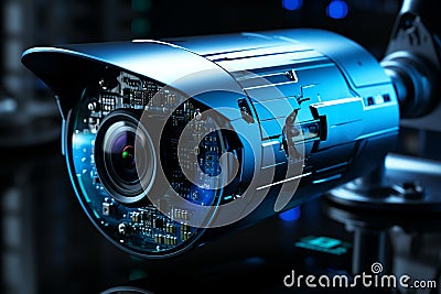 Advanced monitoring system, Glossy white security cameras, hologram glow, wide banner Stock Photo