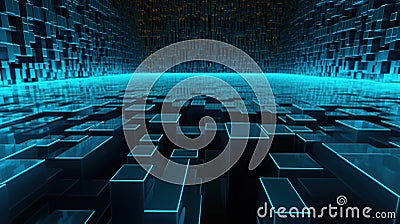 Advanced Motion Digital Cyan Matrix Cyber Environment Big Data Analytic Simulation Blocks Background Stock Photo