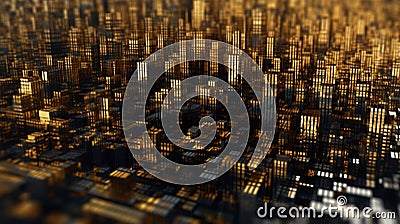 Advanced Motion Digital Gold and Black Matrix Cyber Environment Big Data Analytic Simulation Pattern Background Stock Photo