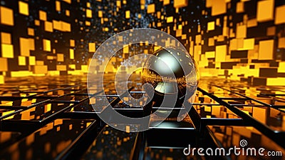 Advanced Motion Digital Gold and Black Matrix Cyber Environment Big Data Analytic Simulation Pattern Background Stock Photo