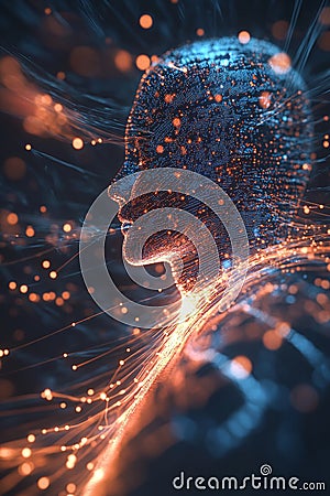 Advanced neural interface frame processing vast amounts of data through visible energy streams Stock Photo