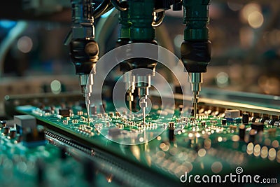 Advanced Precision Robotics Assembling Circuit Boards in a High-Tech Factory Stock Photo