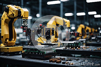 Advanced printed circuit board with components electronics Assembly Line Stock Photo