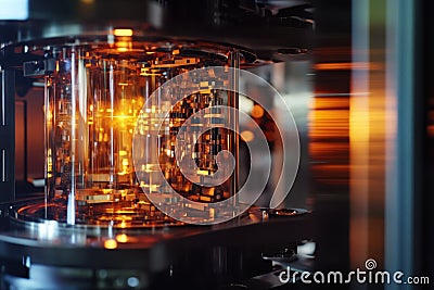 Advanced quantum computing hardware displaying intricate inner workings and vibrant energy flow Stock Photo
