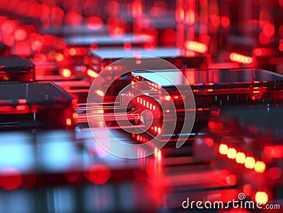 Advanced quantum processors in a row pulsing with red data streams suitable for tech innovation articles Stock Photo