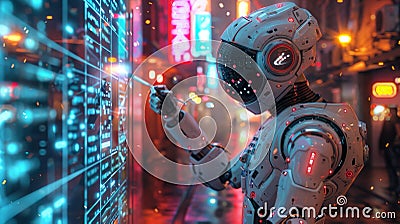 Advanced robot analyzing data on digital screen - generative ai Stock Photo