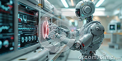 Advanced robot analyzing medical data on a high-tech display in a futuristic laboratory setting Stock Photo