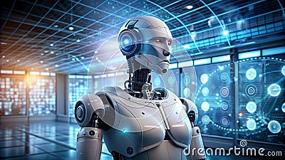 Advanced Robot in Futuristic Data Center - AI Technology Stock Photo