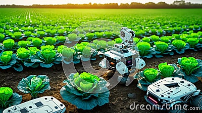 The advanced robot scans cabbage plantation with precision, mapping terrain, analyzing plant health. Generative AI Stock Photo