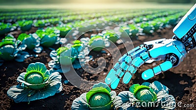 The advanced robot scans cabbage plantation with precision, mapping terrain, analyzing plant health. Generative AI Stock Photo