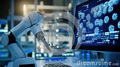 Advanced robotic arm analyzing scientific data in lab Stock Photo