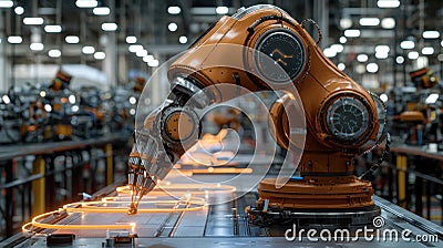 Advanced Robotic Arm in Modern Factory Setting Performing Precise Automated Manufacturing Task Stock Photo