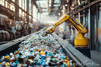 An advanced robotic arm uses artificial intelligence to efficiently separate recyclable waste, emphasizing sustainable solutions Stock Photo