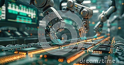 Advanced robotic arms assembling circuit boards in a high-tech automated factory Stock Photo