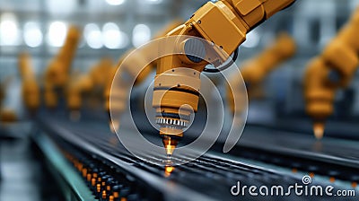 Advanced robotic arm precisely welds components on assembly line Generative AI Illustration Stock Photo