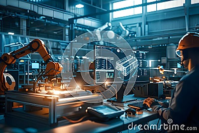 Advanced Robotic Automation, Engineer Designs and Monitors Complex Manufacturing Processes using Cutting-Edge Tech Stock Photo