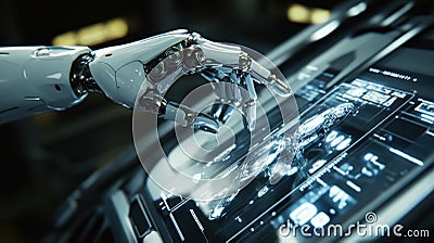 Advanced robotic hand interacting with futuristic touchscreen interface in high-tech environment displaying holographic data and Stock Photo