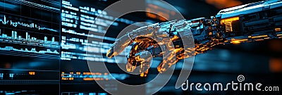 Advanced Robotic Hand Navigating Through Complex Financial Data Visualizations, 3D Rendering Stock Photo