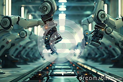 Advanced Robotics Assembly Line in a High-Tech Factory Environment Stock Photo