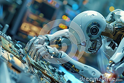 Advanced Robotics in High-Tech Electronics Assembly Line for Precision Soldering Stock Photo