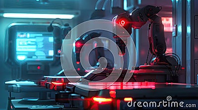 Advanced robots working with glowing red interfaces in a futuristic laboratory. Stock Photo