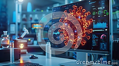 Advanced scientific lab with computer screen displaying detailed virus analysis, showcasing cutting-edge technology and research Stock Photo