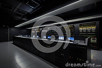 Futuristic Rackmount LED Console in High-Tech Data Centre (AI Generated) Stock Photo