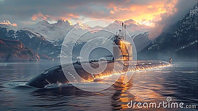 Advanced Submarine Military Technology in Deep Blue Sea - Underwater Surveillance and Defense, Generative Ai Stock Photo