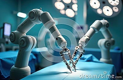 Advanced surgical robots perform precise medical procedure in high-tech operating room. Robotic arms equipped with precise tools Stock Photo
