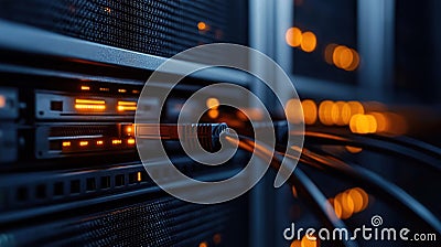 Advanced tech servers with illuminated data connectors show active data transfer. High tech network system with complex Stock Photo