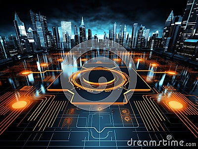 Advanced Technology Concept Featuring Illuminated Circuitry and Urban Scene. Generative AI Stock Photo