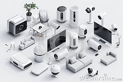 Advanced technology drives secure monitoring systems, integrating CCTV with wireless security for effective surveillance control. Cartoon Illustration