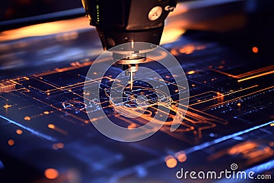 Advanced tool carving intricate design on illuminated surface in a workshop Stock Photo