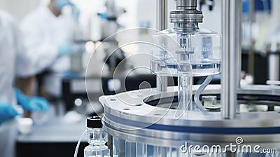 Advanced water extraction machine operating in laboratory setting with scientists in background. Cutting edge technology Stock Photo
